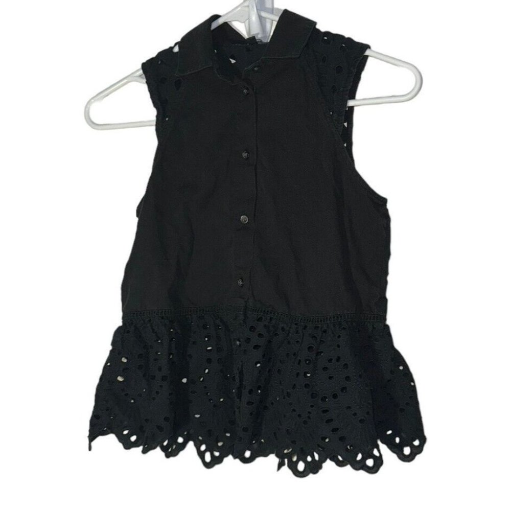Madewell Eyelet Mix Sleeveless Button Up Top Size XXS Black Peplum Peekaboo